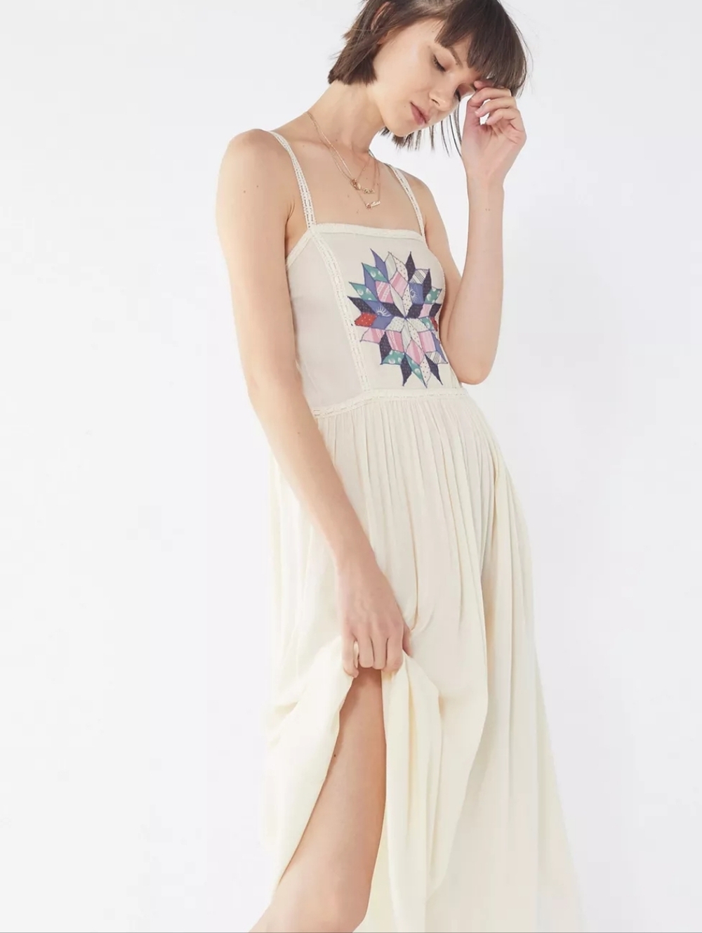 Urban Outfitters Alina Patchwork Embroidered Boho Midi Sun Dress Size Small